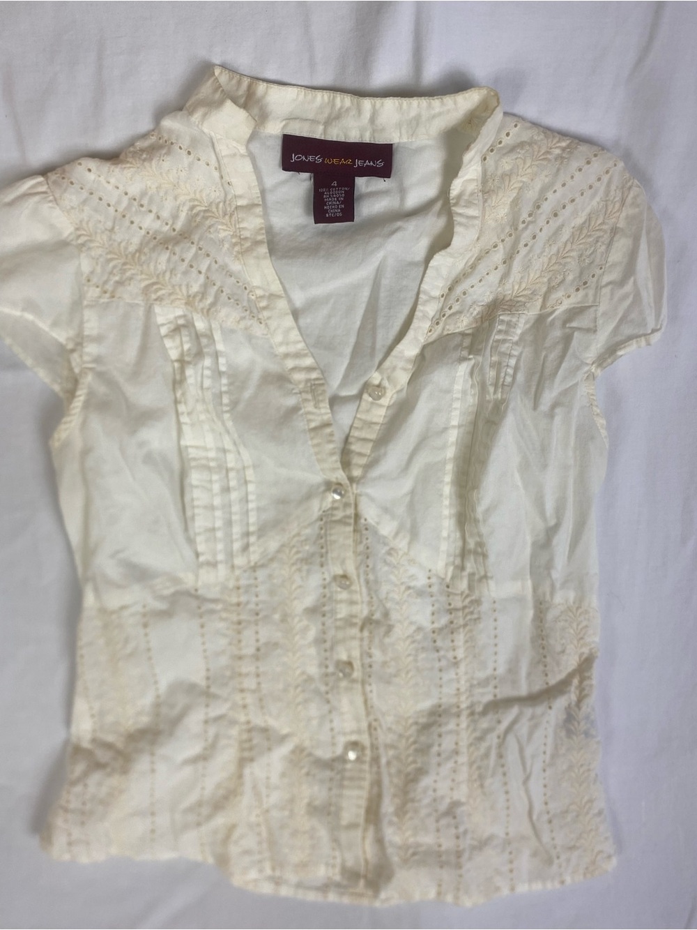 Cream Cotton Eyelet and lace Blouse with pearl like buttons cottage fairy